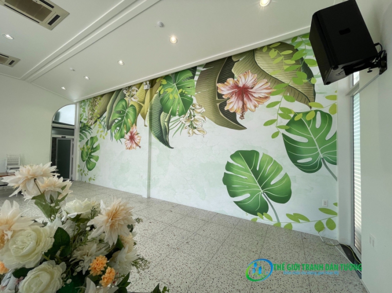 Thi công tranh dán tường nhiệt đới tại Nhà Hàng Phương Sơn Tp Thuận An