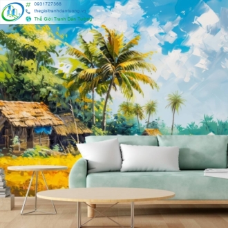 Tranh dán tường đồng quê trang trí quán ăn