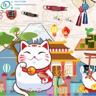 Tranh dán tường mèo thần tài