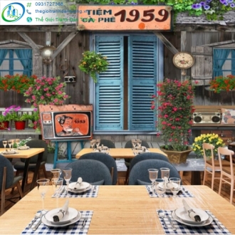 Tranh dán tường quán cafe tông nâu gỗ