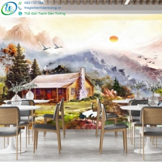 Tranh tường quán cà phê tông ấm – vintage